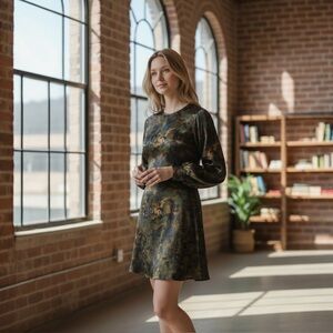 NWT $350 Gianni Camouflage Silky Print scoop neck Mini dress L